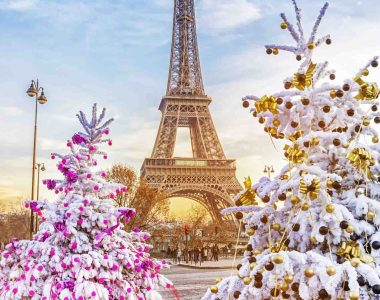 Eiffel Tower is the main attraction of Paris on the background of  frosty Christmas trees covered by snow in winter. Travel Greeting Card from Paris with love, France